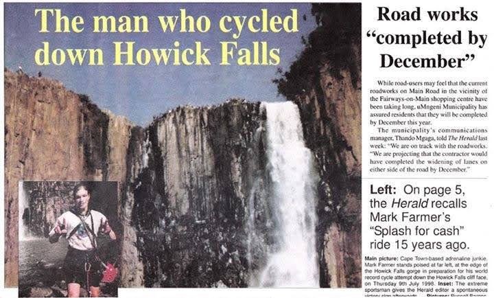 Newspaper front page: The man who cycled down Howick Falls