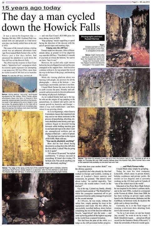 Newspaper feature: 15 years ago today, the day a man cycled down the Howick Falls